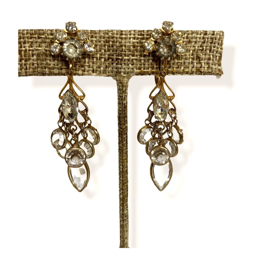 Vintage channel set crystal dangle earrings cascading clear rhinestone earrings